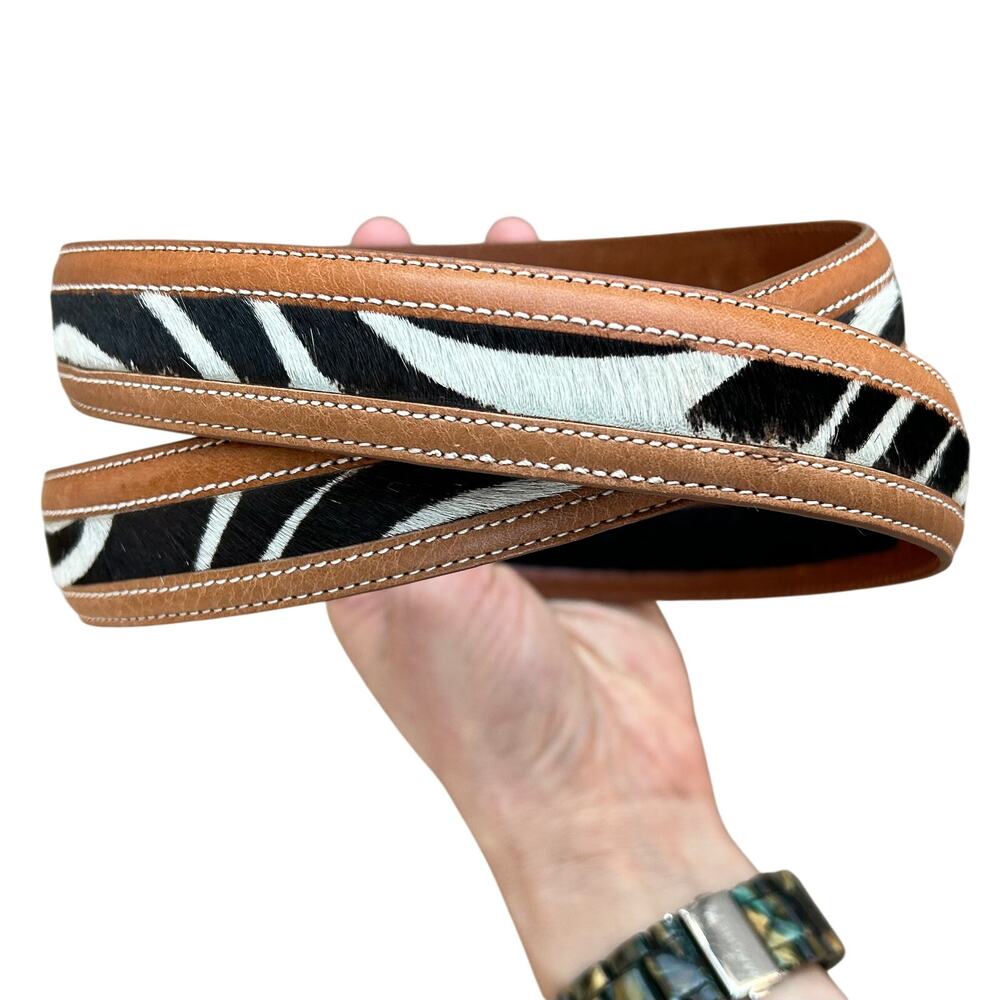 Terry Stack Vintage Brown Zebra Print Haircalf Leather Belt Velcro Large Western